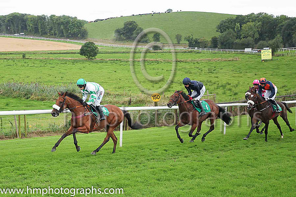 02nd Bridge Native and Ms K Walsh ( 3 , white and emerald green chevrons ) Trainer - Mrs D A Love , Owner - Real Bandits Again Syndicate