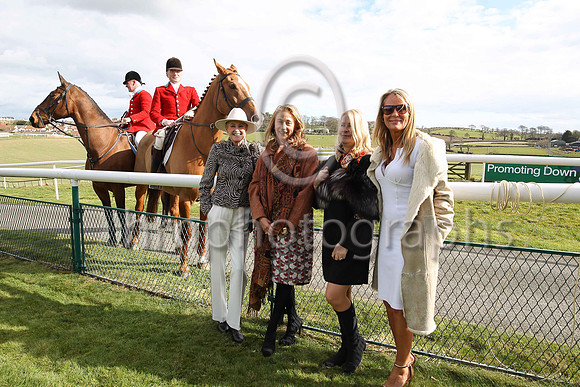 Siobhan Buchanan-Johnston, Nicola Fitzgerald, Margaret Annett and Maris Streinberg with East Down Declan Feeney and Brian Toner at Downpatrick Races.