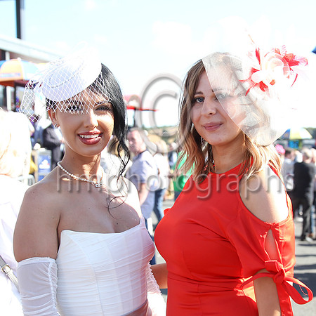 Rebecca McMaster and Natasha Fitzsimmons from Downpatrick at the Downpatrick Racecourse Ladies Day on Monday