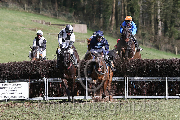 01st BRIDGE END? and N McParlan ( 6 ,Antrim (H)?- BLUE  WHITE HOOPS; blue, plain sleeves; orange cap,white spots ) Trainer: I. R. Ferguson,, Owner : Ferguson Jane  Paul