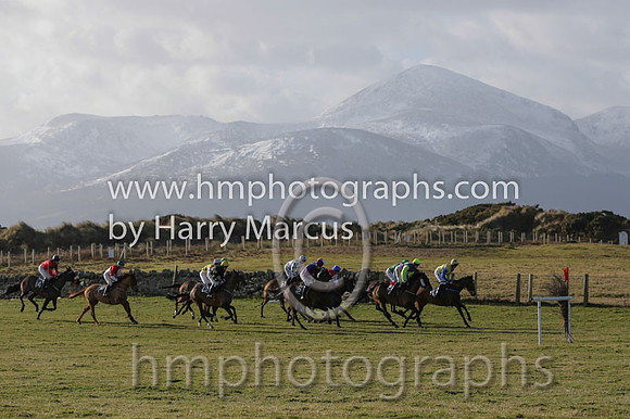The start of Race 1 at Tyrella with the snow covered Mourne Mountains as a backdrop