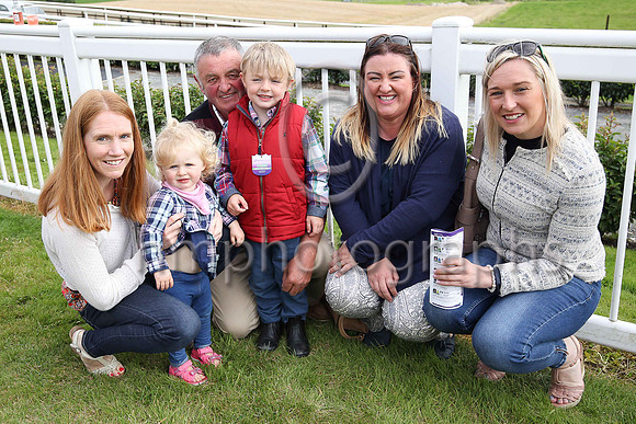 Sarah O'Hare, Penny O'Hare, Keiran Strain, Shea Tucker, Kathryn Tucker and Lucy Arthur waiting on the start of the flat race at Downpatrick. Keiran's horse Mr Dealer, ridden by Mark O'Hare ran second