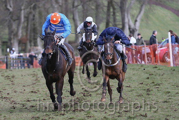01st BRIDGE END? and N McParlan ( 6 ,Antrim (H)?- BLUE  WHITE HOOPS; blue, plain sleeves; orange cap,white spots ) Trainer: I. R. Ferguson,, Owner : Ferguson Jane  Paul