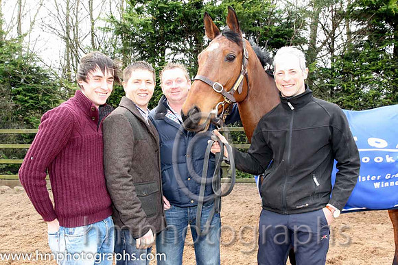 Colm McDonnell, with brothers Conor & Chris, owner of Hidden Horizons winner of the Toals bookmakers Ulster Grand National at Downpatrick. Trainer Stuart Crawford is right of picture - CU2D1410-Edit-7