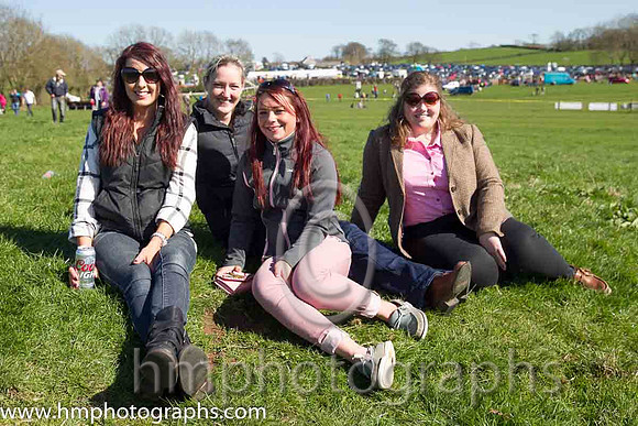 Caroline Todd, Jackie Sempey, Victoria Minford  Megan Dunseath enjot the sunshine at the Mid-antrim Hnt Point to Point at the new course at Broughshane near Ballymena