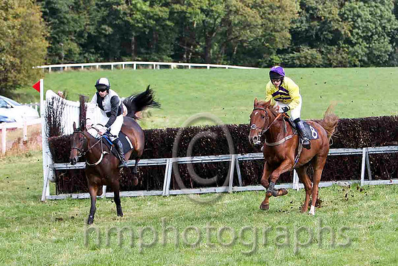 Ballyrone & K J O'Hare - 3rd (1, black and white quarters) & Ma's Anthem & R M Johnson - 4th (8, yellow, purple chevrons) - FT8E6975-e