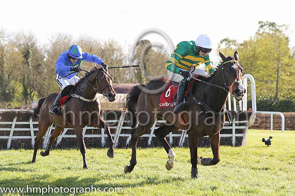 02nd Hurricane Fly ( 3 , blue, three green diamonds ) and R. Walsh - Trainer : W.P. Mullins - Owner : George Creighton/Mrs Rose Boyd and 01st Jezki ( 6 , orange and green hoops ) and M.P. Walsh - Trai