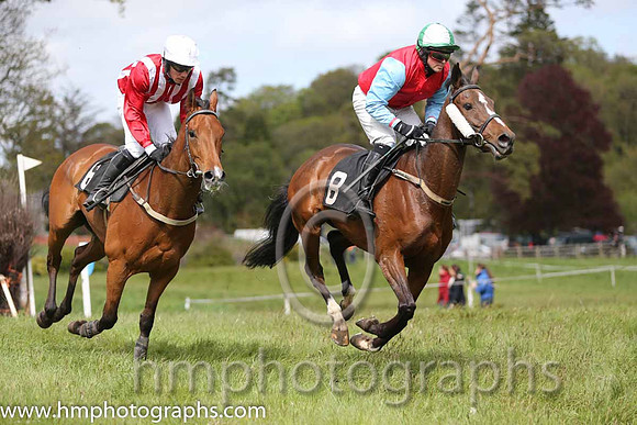 02nd Longtymegone ( 6 ) and McConville - Trainer : Stephen McConville - red and white stripes and 01st Tamacilla ( 8 ) and J Cresswell - Trainer : Brian W Dougan - red, blue sleeves