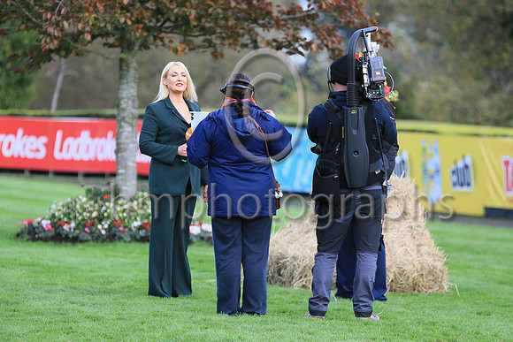 Down Royal Manager Ms Emma Meehan being interviewed in the Parade Ring on Day 1 of the Ladbrokes Festival of Racing at the Course on Friday 4th November 2022.
