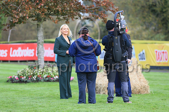 Down Royal Manager Ms Emma Meehan being interviewed in the Parade Ring on Day 1 of the Ladbrokes Festival of Racing at the Course on Friday 4th November 2022.
