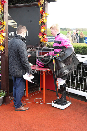 Sam Ewing Weighing -In after winning the Start Your Free Trial Now at RacingTV.Com Handicap Steeplechase at Down Royal on Day 1 of the Ladbrokes Festival of Racing at Down Royal