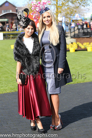 Kirsty Farrell form Newry , winners of the Best Dressed Lady Competition on Day 1 of Punchestown Festival and judge Rosanna Davison