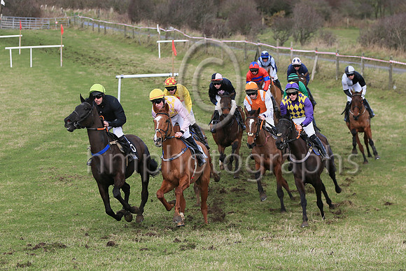 01st Bective Abbey (11, pink and yellow check) ridden by D McGill, trained and owned by Warren Ewing winners of the Dennison JCB Maiden Race for 5 year old geldings at the at the East Down Point to Po