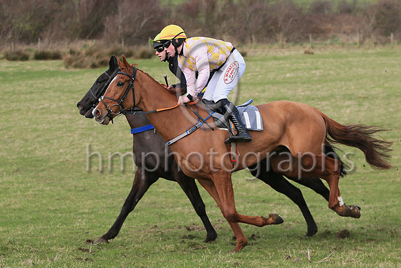 01st Bective Abbey (11, pink and yellow check) ridden by D McGill, trained and owned by Warren Ewing winners of the Dennison JCB Maiden Race for 5 year old geldings at the at the East Down Point to Po