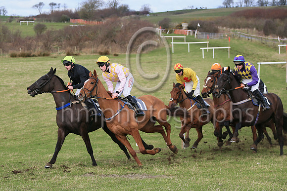 01st Bective Abbey (11, pink and yellow check) ridden by D McGill, trained and owned by Warren Ewing winners of the Dennison JCB Maiden Race for 5 year old geldings at the at the East Down Point to Po