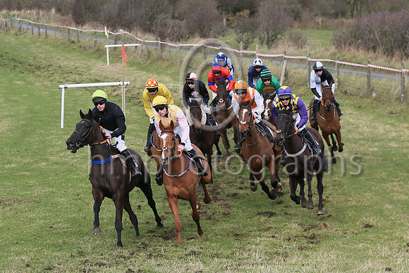 01st Bective Abbey (11, pink and yellow check) ridden by D McGill, trained and owned by Warren Ewing winners of the Dennison JCB Maiden Race for 5 year old geldings at the at the East Down Point to Po