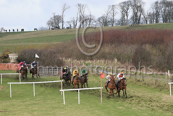 01st Bective Abbey (11, pink and yellow check) ridden by D McGill, trained and owned by Warren Ewing winners of the Dennison JCB Maiden Race for 5 year old geldings at the at the East Down Point to Po