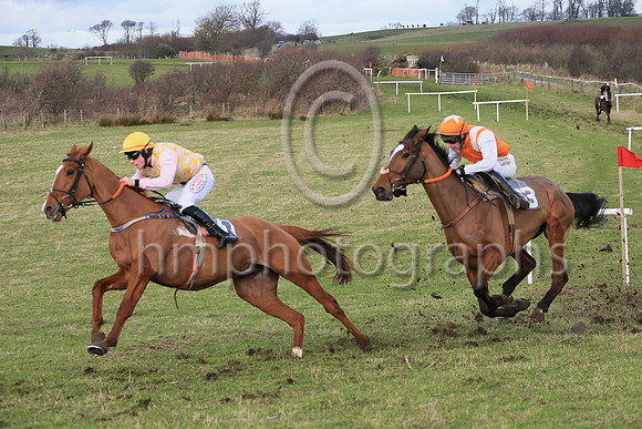 01st Bective Abbey (11, pink and yellow check) ridden by D McGill, trained and owned by Warren Ewing winners of the Dennison JCB Maiden Race for 5 year old geldings at the at the East Down Point to Po