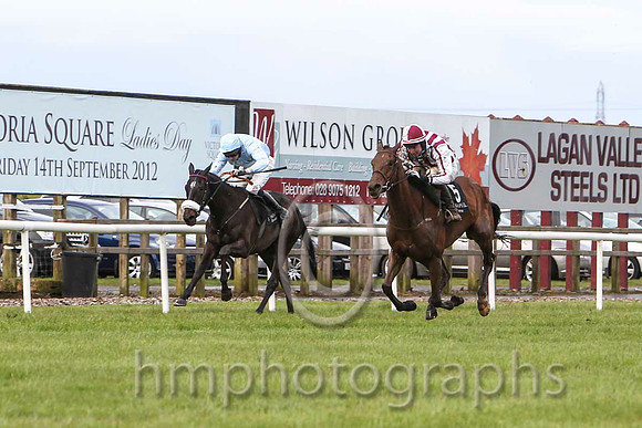 02 Brand Ambassador & Mr K E Power - 2nd (6, light blue, white hoop ) & 01 Honey Bach & Mr D G Lavery - winner (5, white and maroon stripes) - FT8E3158-16
