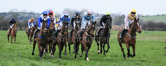 Time Was ( 18 , dark blue and grey diamonds ) ridden by A Harvey, trained by B R Hamilton and owned by J F C Maxwell winners of the ITBA Maiden Race for 5  6 year old mares at the North Down Point to