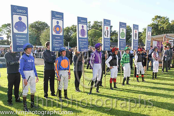 Riders line up before The QIPCO Irish Champion stakes group 1 of 1,100,000 Euro at Leopardstown