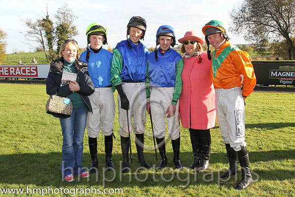 Trainer R K Watson jockeys' - Luke Dempsey (yellow cap), M P Fogarty (Black Cap) ,Sean Flanagan (blue cap) and A E Lynch (tangerine, green chevron)