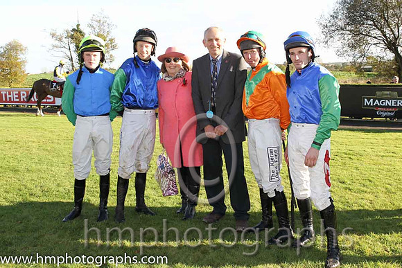 Trainer R K Watson jockeys' - Luke Dempsey (yellow cap), M P Fogarty (Black Cap) ,Sean Flanagan (blue cap) and A E Lynch (tangerine, green chevron)
