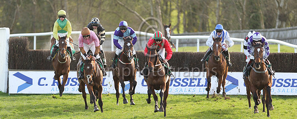 Shantou Show ridden by Ms C L McGoldrick (left of picture) playing a waiting game before going on to win the Boardsmill Sires Maiden Hunters Steeplechase at the Randox Ulster National Meeting at Downp