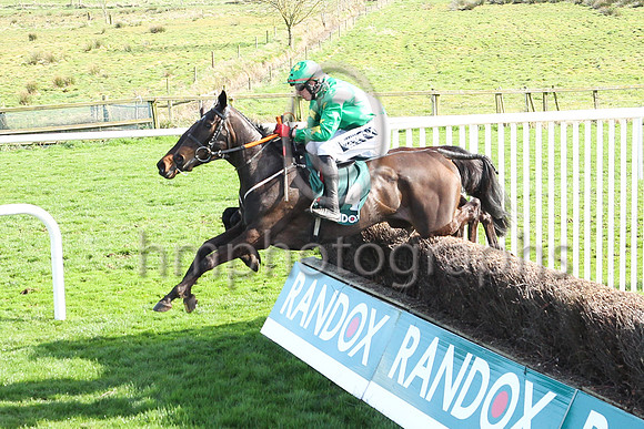 Malina Girl ridden by Keith Donoghue jump the last to go to win the Randox Ulster National Handicap Steeplechase at DOnwpatrick on 2nd April 2023. Maina Girl is trained by Gavin Cromwell, bred by Will