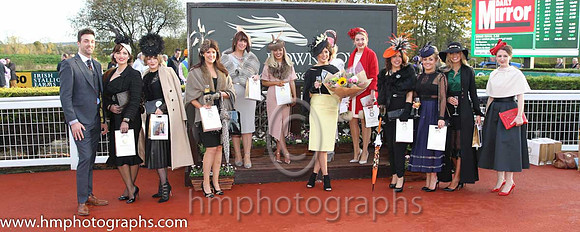 Sarah McEvoy from Jonesborough winner of the Victoria Square Best Dressed Lady Competition at Down Royal with other finalists and judges