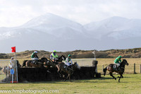 Horses jump fence 1 after the start of Race 1 at Tyrella with the snow covered Mourne Mountains as a backdrop