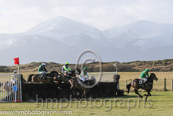 Horses jump fence 1 after the start of Race 1 at Tyrella with the snow covered Mourne Mountains as a backdrop