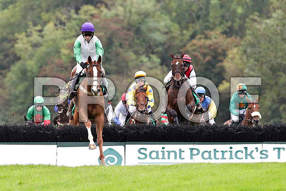 Miss Macauley ( Purple Cap) , Jockey Mr B T O'Connell - 13th in the lead - Lets Go sunshine , Jockey Mr B O'Neill - winner in centre in Yellow and Blue Spots - FT8E4046-e