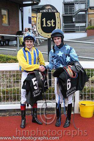 Jockeys Declan McDonagh and Tom Madden shake hands after riding a dead heat at Down Royal