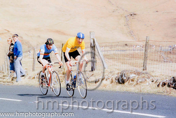 The late Billy Kerr of Ballymena CC in the yellow jersey in the Tour of the North in 1979 near the summit of the Cairncastle Hil Climb above Ballygally, near Larne