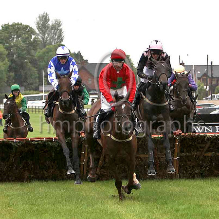 Letherbelucky & P Townend - 2nd (1, royal blue, light blue star) , Top Madam & D J Condon - Winner (8, red, emerald green cross) & Bobbina & Andrew J McNamara - 3rd (2, black & pink diam) - FT8E5119-e