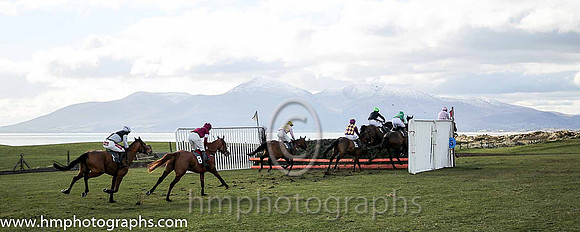 Point to Point Racing at Tyrella with the snow capped Mounne Mountains in the background