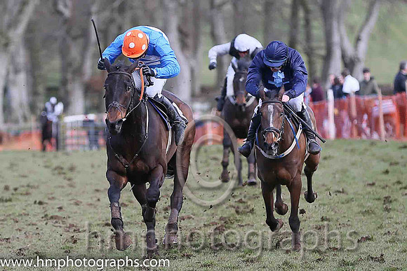 01st BRIDGE END? and N McParlan ( 6 ,Antrim (H)?- BLUE  WHITE HOOPS; blue, plain sleeves; orange cap,white spots ) Trainer: I. R. Ferguson,, Owner : Ferguson Jane  Paul