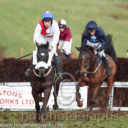 02nd LUCKY BUTTONS and M J O'Hare ( 11 , RED  WHITE QTD; white sleeves; blue cap,white star ) Trainer: Graham McKeever,, Owner : Racing Syndicate Ballynure Old Boys