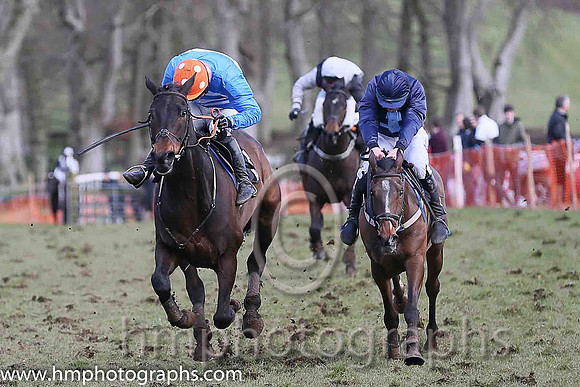 01st BRIDGE END? and N McParlan ( 6 ,Antrim (H)?- BLUE  WHITE HOOPS; blue, plain sleeves; orange cap,white spots ) Trainer: I. R. Ferguson,, Owner : Ferguson Jane  Paul