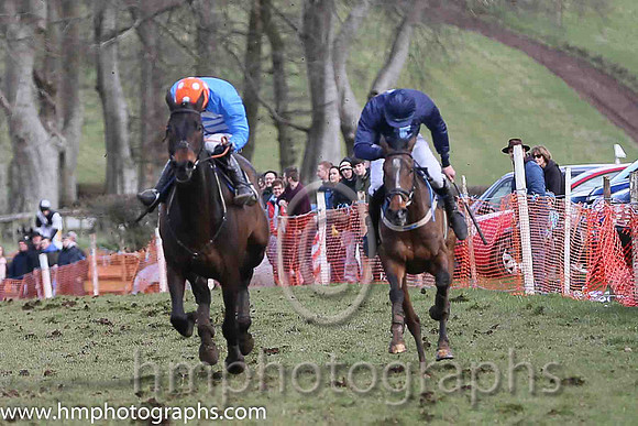 01st BRIDGE END? and N McParlan ( 6 ,Antrim (H)?- BLUE  WHITE HOOPS; blue, plain sleeves; orange cap,white spots ) Trainer: I. R. Ferguson,, Owner : Ferguson Jane  Paul