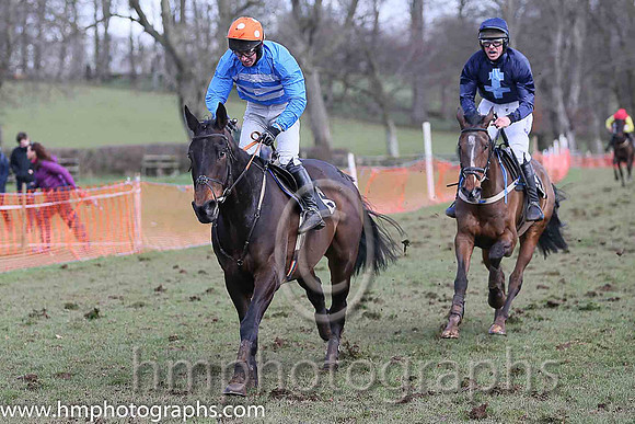 01st BRIDGE END? and N McParlan ( 6 ,Antrim (H)?- BLUE  WHITE HOOPS; blue, plain sleeves; orange cap,white spots ) Trainer: I. R. Ferguson,, Owner : Ferguson Jane  Paul