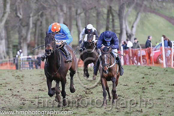 01st BRIDGE END and N McParlan ( 6 ,Antrim (H)?- BLUE  WHITE HOOPS; blue, plain sleeves; orange cap,white spots ) Trainer: I. R. Ferguson,, Owner : Ferguson Jane  Paul