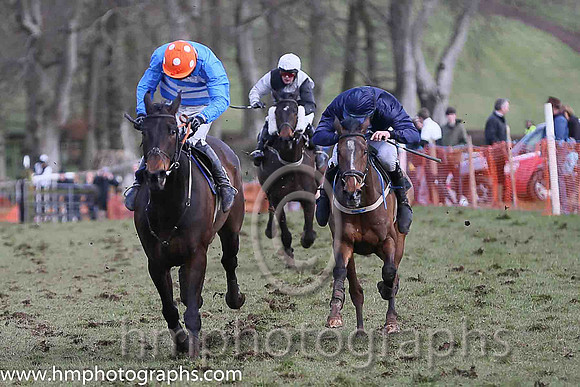 01st BRIDGE END? and N McParlan ( 6 ,Antrim (H)?- BLUE  WHITE HOOPS; blue, plain sleeves; orange cap,white spots ) Trainer: I. R. Ferguson,, Owner : Ferguson Jane  Paul