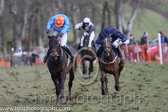 01st BRIDGE END? and N McParlan ( 6 ,Antrim (H)?- BLUE  WHITE HOOPS; blue, plain sleeves; orange cap,white spots ) Trainer: I. R. Ferguson,, Owner : Ferguson Jane  Paul