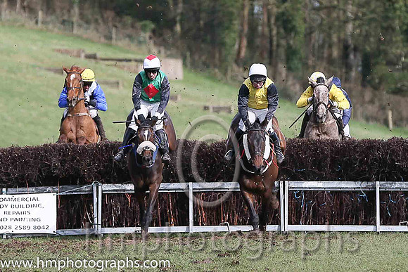01st KINNACALLY and J C Barry ( 3 ,Antrim (H)?- BLACK,white cross belts; blue sleeves; yellow cap ) Trainer: Paul McAleese,, Owner : William Logan