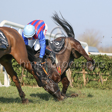 13thF Tyrone Tiger ( 3 , red and royal blue stripes ) and C.M. Collins (2) - Trainer : Miss Suzy Barkley - Owner : Applepie Syndicate
