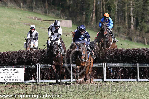 01st BRIDGE END? and N McParlan ( 6 ,Antrim (H)?- BLUE  WHITE HOOPS; blue, plain sleeves; orange cap,white spots ) Trainer: I. R. Ferguson,, Owner : Ferguson Jane  Paul