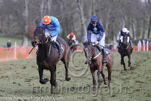 01st BRIDGE END and N McParlan ( 6 ,Antrim (H)?- BLUE  WHITE HOOPS; blue, plain sleeves; orange cap,white spots ) Trainer: I. R. Ferguson,, Owner : Ferguson Jane  Paul