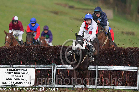 02nd LUCKY BUTTONS and M J O'Hare ( 11 , RED  WHITE QTD; white sleeves; blue cap,white star ) Trainer: Graham McKeever,, Owner : Racing Syndicate Ballynure Old Boys